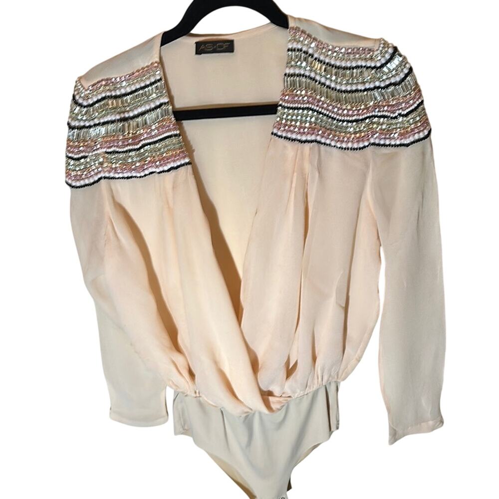 ASbyDF Pale Pink Body Suit Blouse With Embellished Sequins on Shoulders. Size M